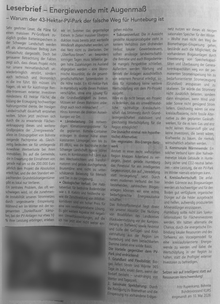 Leserbrief – Energiewende mit Augenmaß