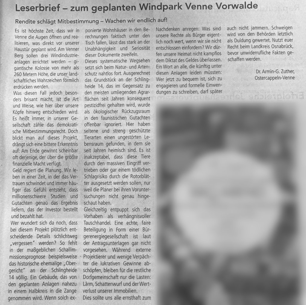Leserbrief – zum geplanten Windpark Venne Vorwalde