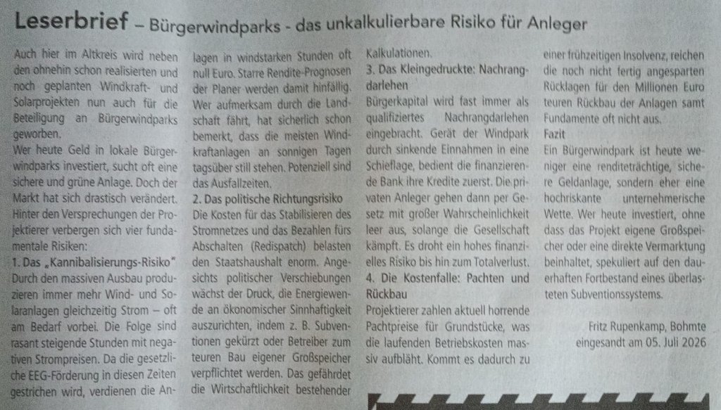 Bürgerwindparks – das unkalkulierbare Risiko für Anleger