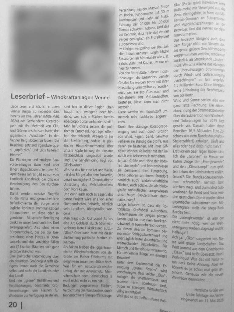Leserbrief – Windkraftanlagen Venne