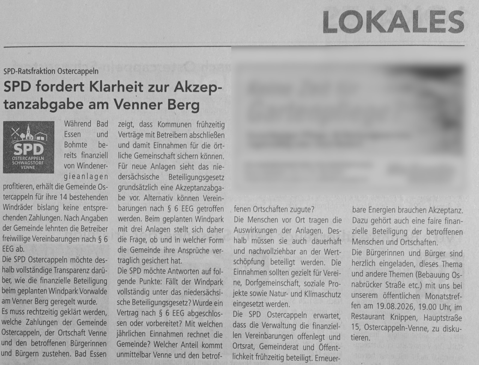 SPD fordert Klarheit zur Akzeptanzabgabe am Venner Berg