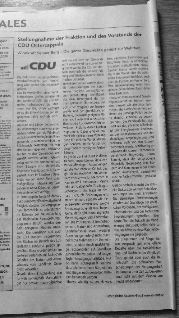 Stellungnahme der Fraktion und des Vorstands der CDU Ostercappeln