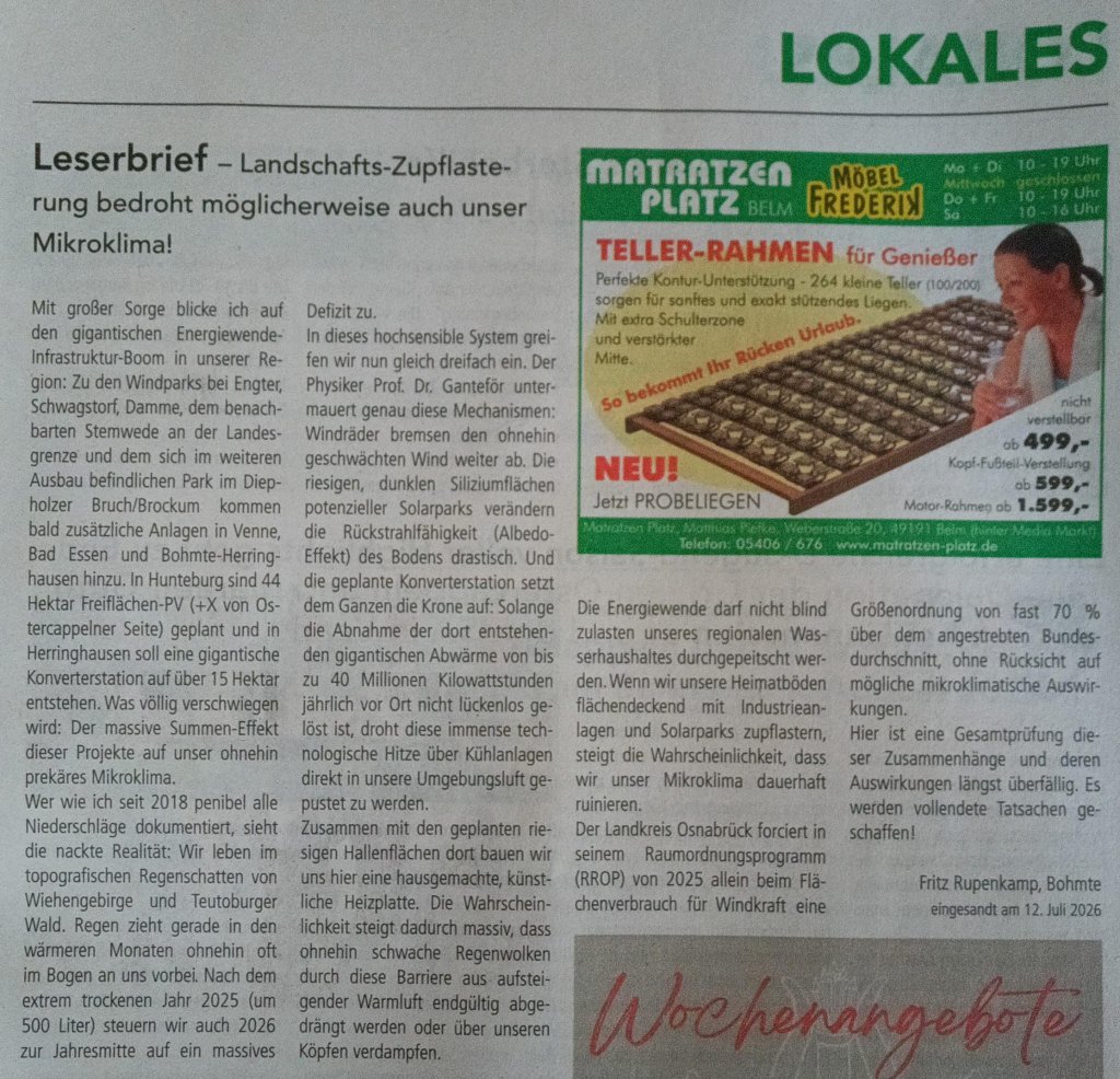 Leserbrief – Landschafts-Zupflasterung bedroht möglicherweise auch unser Mikroklima!