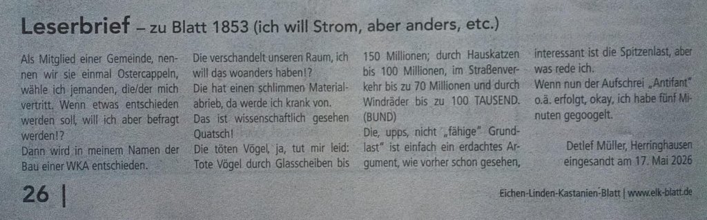 Leserbrief – zu Blatt 1853 (ich will Strom, aber anders, etc.)