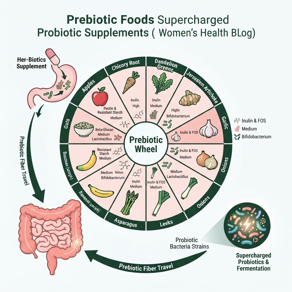 Infographic: A visual "Prebiotic Food Wheel" showing the top 10 prebiotic foods arranged in a circle, each labelled with their primary prebiotic compound (inulin, FOS, GOS, resistant starch, beta-glucan), estimated prebiotic fiber content per serving, and which Her-Biotics strains they most directly support — surrounded by a simple gut diagram showing how prebiotic fiber travels to the colon and feeds probiotic bacteria