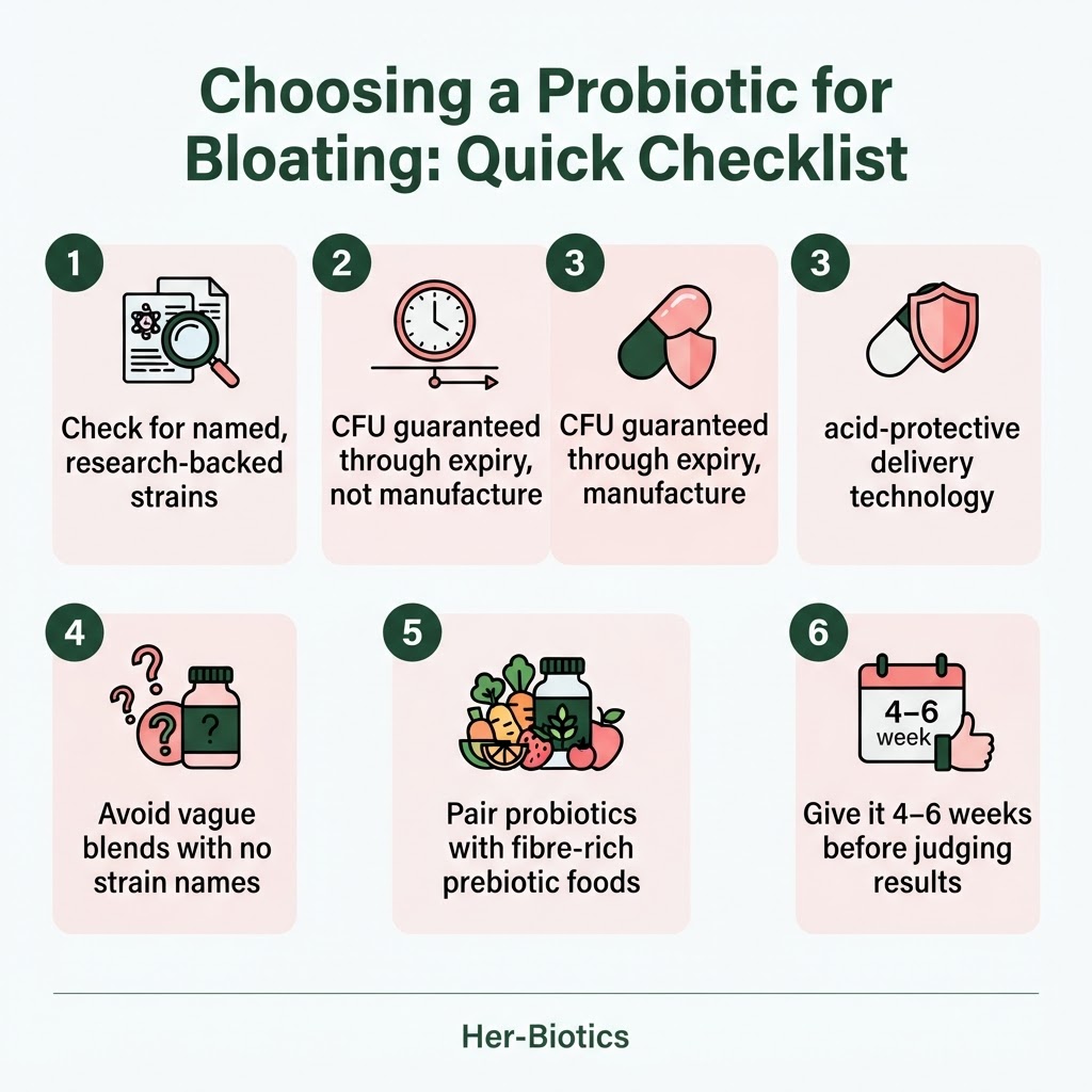 Infographic: Choosing a Probiotic for Bloating: Quick Checklist — key takeaways from this article