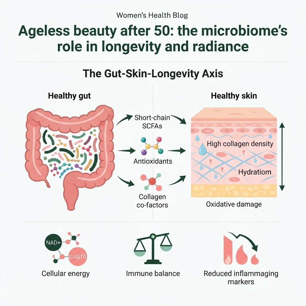 Infographic: A split diagram showing "The Gut-Skin-Longevity Axis" — on the left, a cross-section of a healthy gut with diverse microbiota producing SCFAs, antioxidants, and collagen co-factors; arrows pointing right toward a cross-section of healthy skin showing collagen density, hydration, and reduced oxidative damage; below both, icons representing cellular energy (NAD+/CoQ10), immune balance, and reduced inflammaging markers