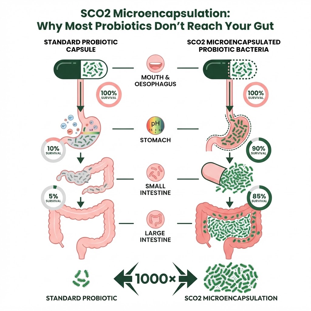 Infographic: Side-by-side comparison of a standard probiotic capsule vs. SCO2 microencapsulated probiotic bacteria — showing the survival journey through the mouth, oesophagus, stomach (with pH indicators), and small/large intestine, with survival percentages at each stage for both technologies, culminating in 1000× more viable bacteria reaching the gut with SCO2