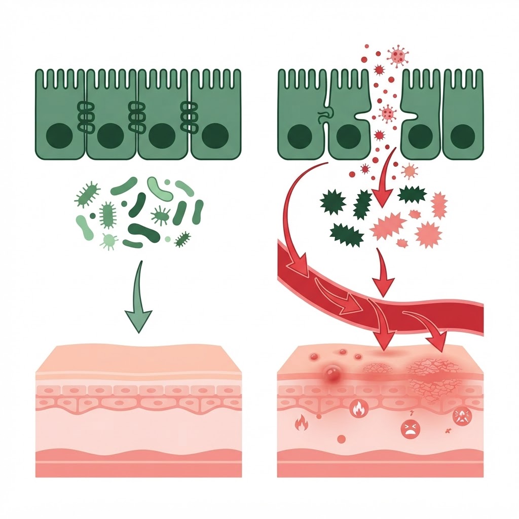 Infographic: A side-by-side diagram showing a healthy gut barrier (tight junctions intact, diverse microbiome, calm skin) versus a leaky gut (loose junctions, dysbiosis, LPS leaking into bloodstream, inflamed skin with acne/eczema markers — with arrows illustrating the inflammatory cascade from gut to skin)