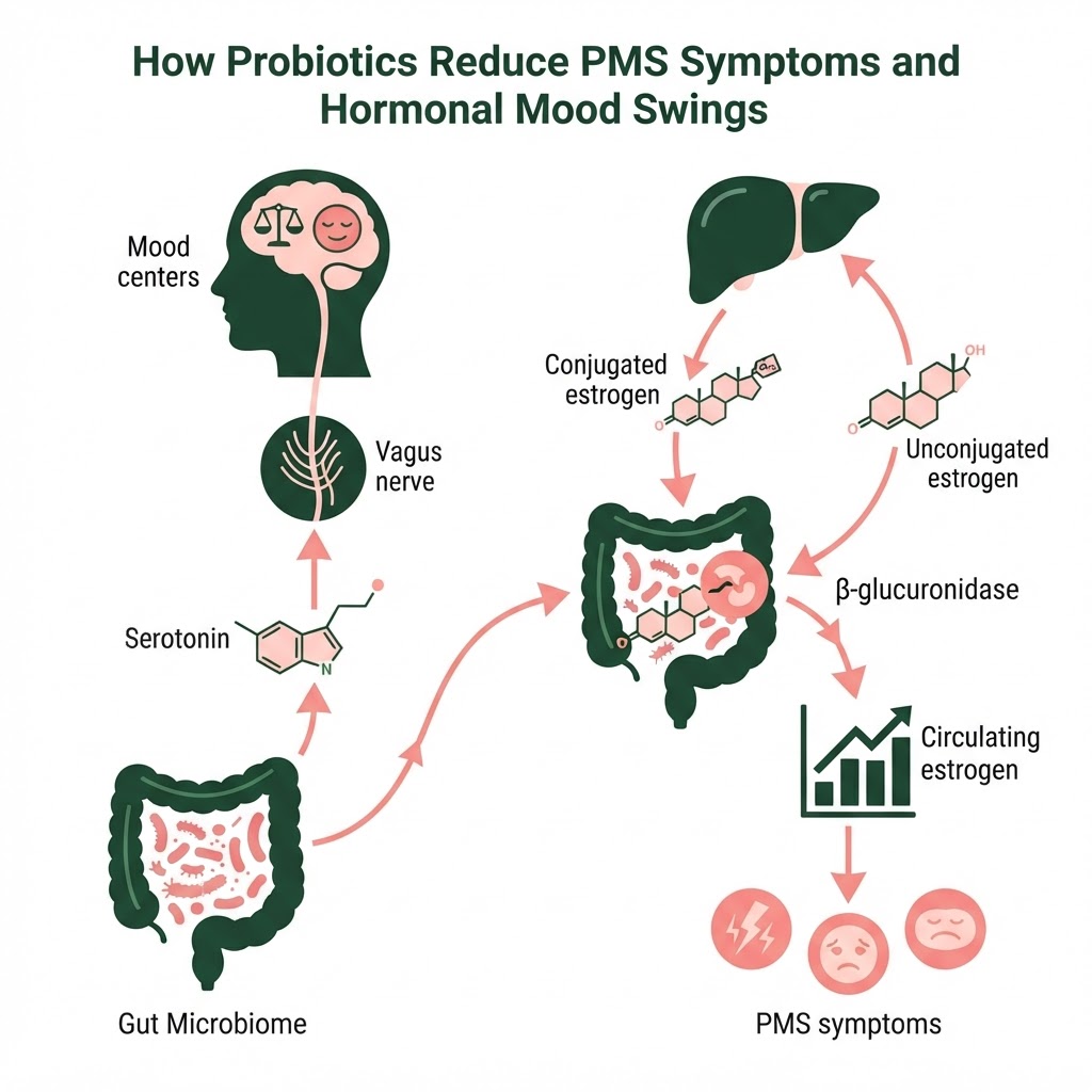 Infographic: A visual diagram showing the bidirectional gut-brain axis pathway: gut microbiome → serotonin production → vagus nerve signalling → brain mood centres; alongside the estrobolome pathway: liver estrogen conjugation → gut bacteria β-glucuronidase activity → estrogen reabsorption → circulating estrogen levels affecting PMS symptoms