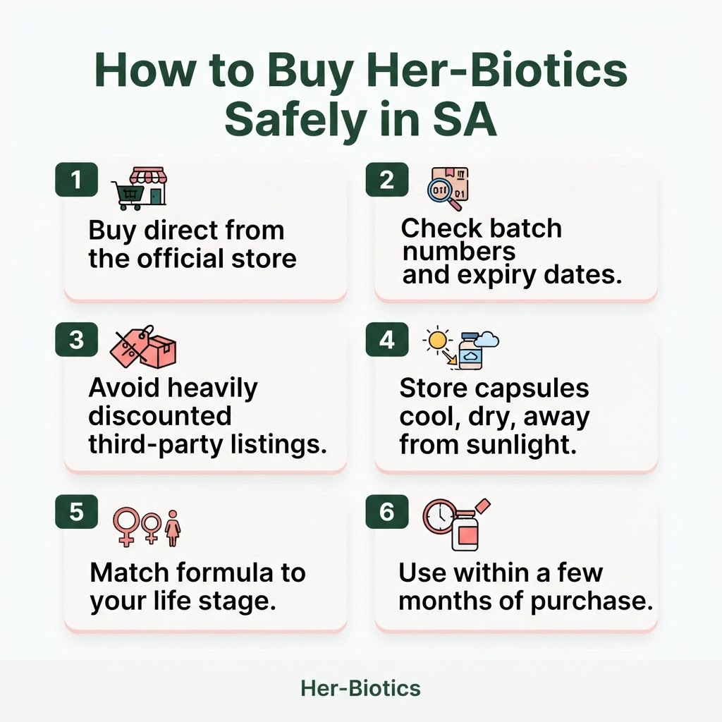 Infographic: How to Buy Her-Biotics Safely in SA — key takeaways from this article