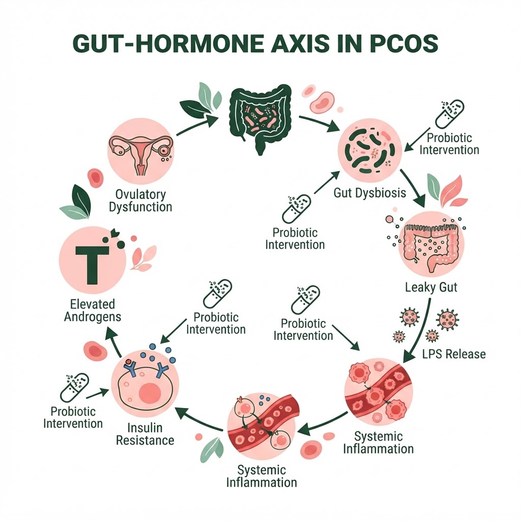 Infographic: A visual diagram showing the gut-hormone axis in PCOS: the cycle from gut dysbiosis → leaky gut → LPS release → systemic inflammation → insulin resistance → elevated androgens → ovulatory dysfunction, with arrows indicating how probiotic intervention can interrupt the cycle at multiple points