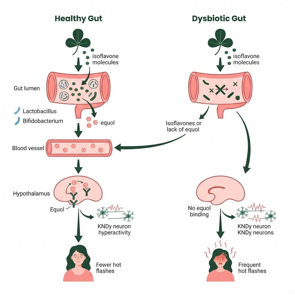 Infographic: A step-by-step visual showing how isoflavones from Red Clover enter the gut, are converted by specific bacteria (Lactobacillus, Bifidobacterium) into equol, equol binds to estrogen receptor beta in the hypothalamus, and the result is reduced KNDy neuron hyperactivity and fewer hot flashes — contrasted with a dysbiotic gut that cannot perform this conversion