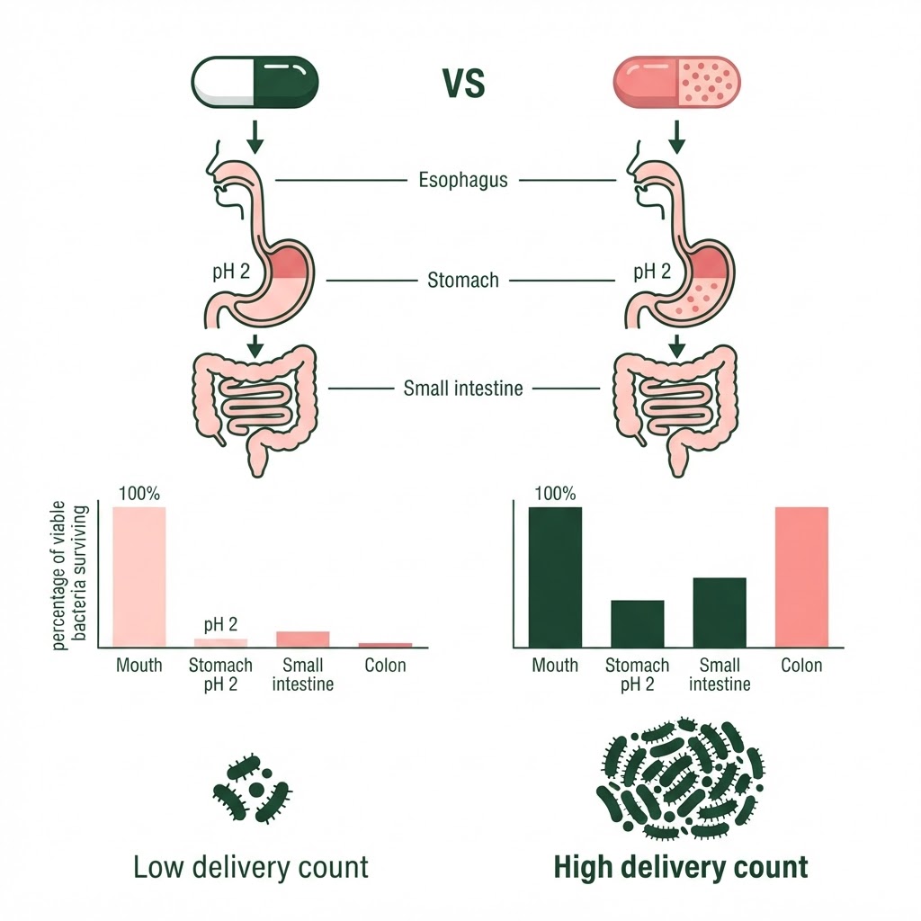 Infographic: Side-by-side comparison of a standard probiotic capsule vs. SCO2-encapsulated Her-Biotics capsule traveling through the digestive system — showing percentage of viable bacteria surviving at each stage: mouth, stomach (pH 2), small intestine, and colon — with final delivery counts highlighted at the bottom