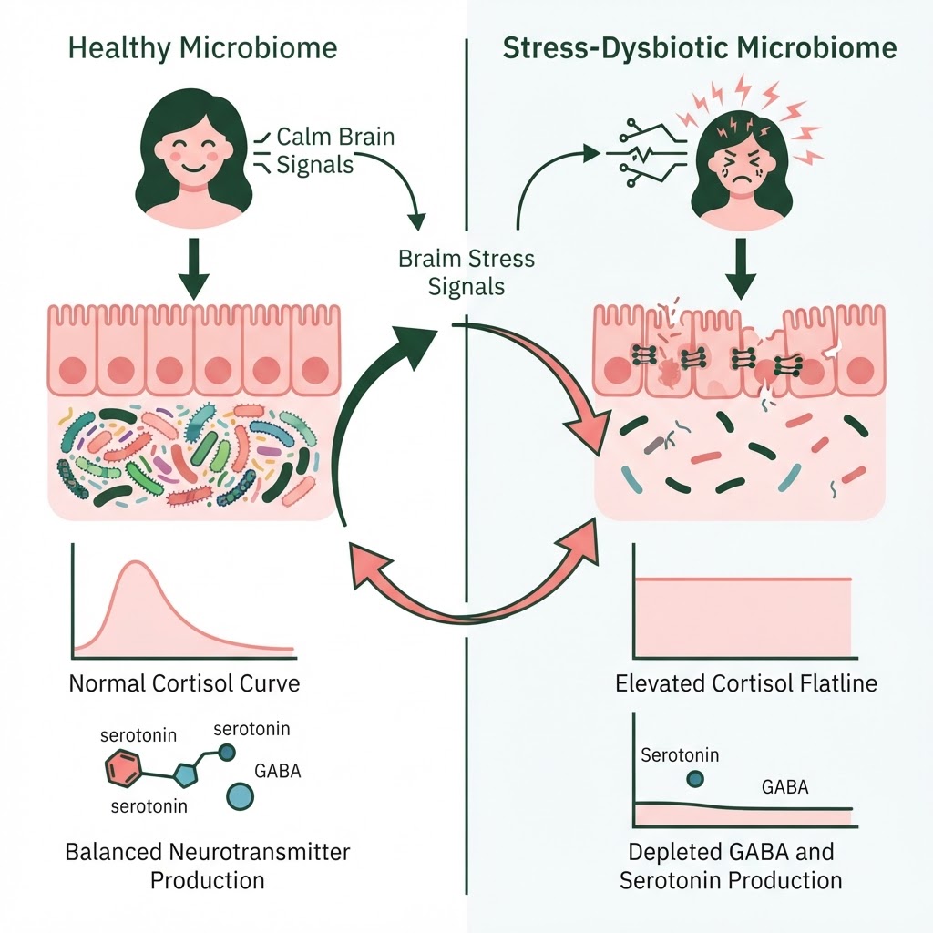 Infographic: A split diagram showing a "Healthy Microbiome" (diverse bacterial colonies, intact gut lining, balanced neurotransmitter production, normal cortisol curve) versus a "Stress-Dysbiotic Microbiome" (reduced diversity, damaged tight junctions, elevated cortisol flatline, depleted GABA and serotonin production) — with arrows showing the cyclical feedback loop between brain stress signals and gut bacterial changes.