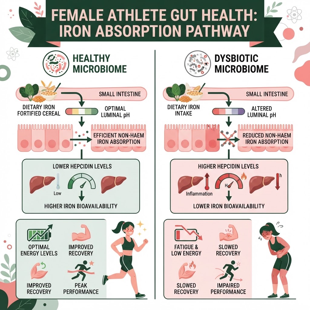 Infographic: A visual diagram showing the gut-iron absorption pathway — illustrating how gut bacteria influence hepcidin levels, luminal pH, and non-haem iron bioavailability, contrasting a healthy microbiome versus a dysbiotic microbiome in terms of iron absorption efficiency and the resulting impact on female athlete energy and performance markers.