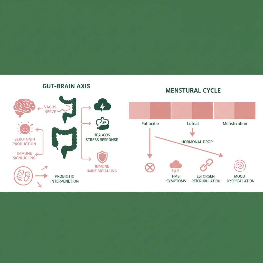 Infographic: A side-by-side diagram showing the gut-brain axis pathways — vagus nerve, serotonin production, HPA axis stress response, and immune signalling — alongside a timeline of the menstrual cycle showing how PMS symptoms map onto the luteal phase hormonal drop, with annotations showing where probiotic intervention can interrupt the cycle of dysbiosis, estrogen recirculation, and mood dysregulation.