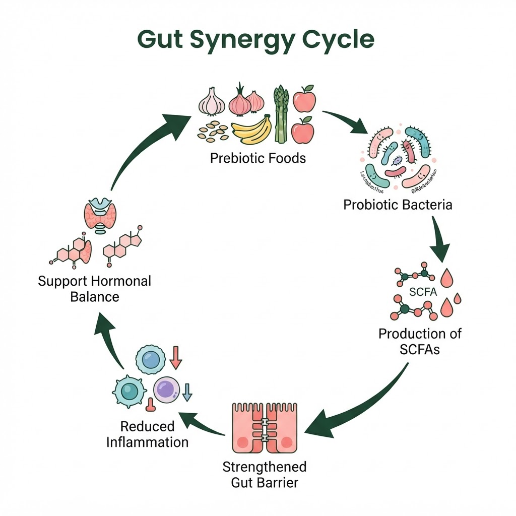 Infographic: A visual showing the "Gut Synergy Cycle" — how prebiotic foods feed probiotic bacteria, which produce SCFAs, which strengthen the gut barrier, reduce inflammation, and support hormonal balance; with arrows linking each stage and icons representing foods, bacteria strains, and health outcomes