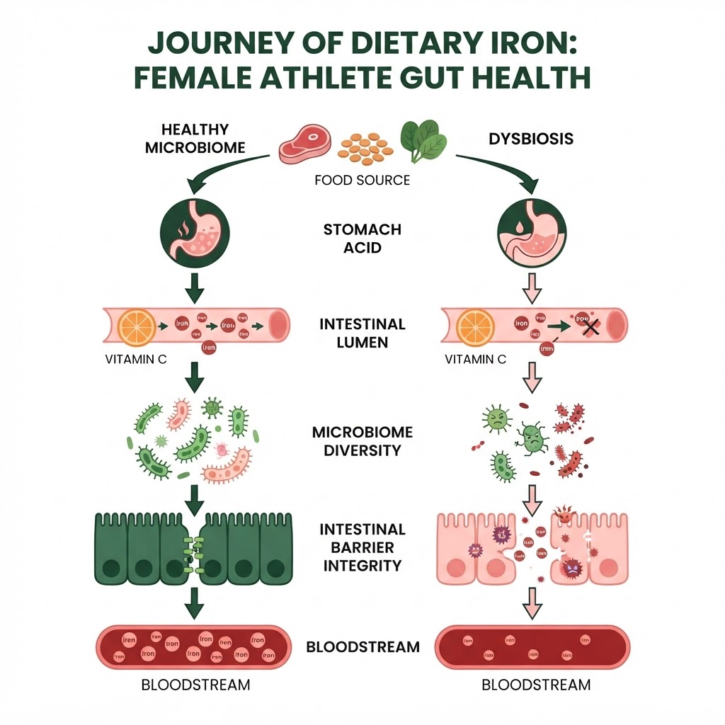 Infographic: A step-by-step diagram showing the journey of dietary iron from food source through the gut lumen, illustrating how the microbiome, stomach acid, Vitamin C, and intestinal barrier integrity interact at each stage to either enhance or inhibit absorption — contrasting a healthy microbiome scenario vs. dysbiosis