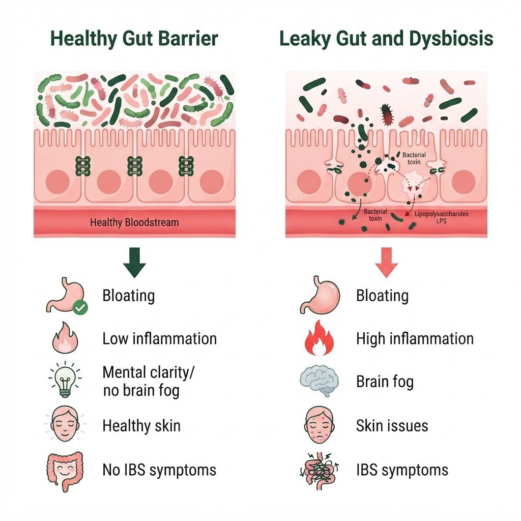 Infographic: A side-by-side comparison showing a healthy gut wall with intact tight junctions and a diverse microbiome versus a leaky gut wall with loosened tight junctions, dysbiosis, and bacterial toxins crossing into the bloodstream — with arrows indicating the downstream effects: bloating, inflammation, brain fog, skin issues, and IBS symptoms.