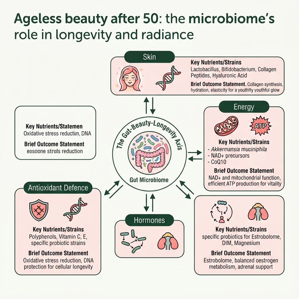 Infographic: A visual diagram titled "The Gut-Beauty-Longevity Axis" showing bidirectional arrows connecting the gut microbiome to four key systems: (1) Skin — collagen synthesis, hydration, elasticity; (2) Energy — NAD+/mitochondrial function, ATP production; (3) Hormones — estrobolome, oestrogen metabolism, adrenal support; (4) Antioxidant Defence — oxidative stress reduction, DNA protection. Each arm should include the key nutrients/strains involved and a brief outcome statement."