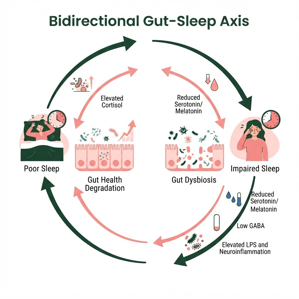 Infographic: A circular diagram illustrating the bidirectional gut-sleep axis — showing how poor sleep degrades the microbiome (increased permeability, reduced diversity, elevated cortisol) and how gut dysbiosis impairs sleep (reduced serotonin/melatonin, low GABA, elevated LPS and neuroinflammation), with arrows looping in both directions and key neurotransmitters/hormones labelled at each stage