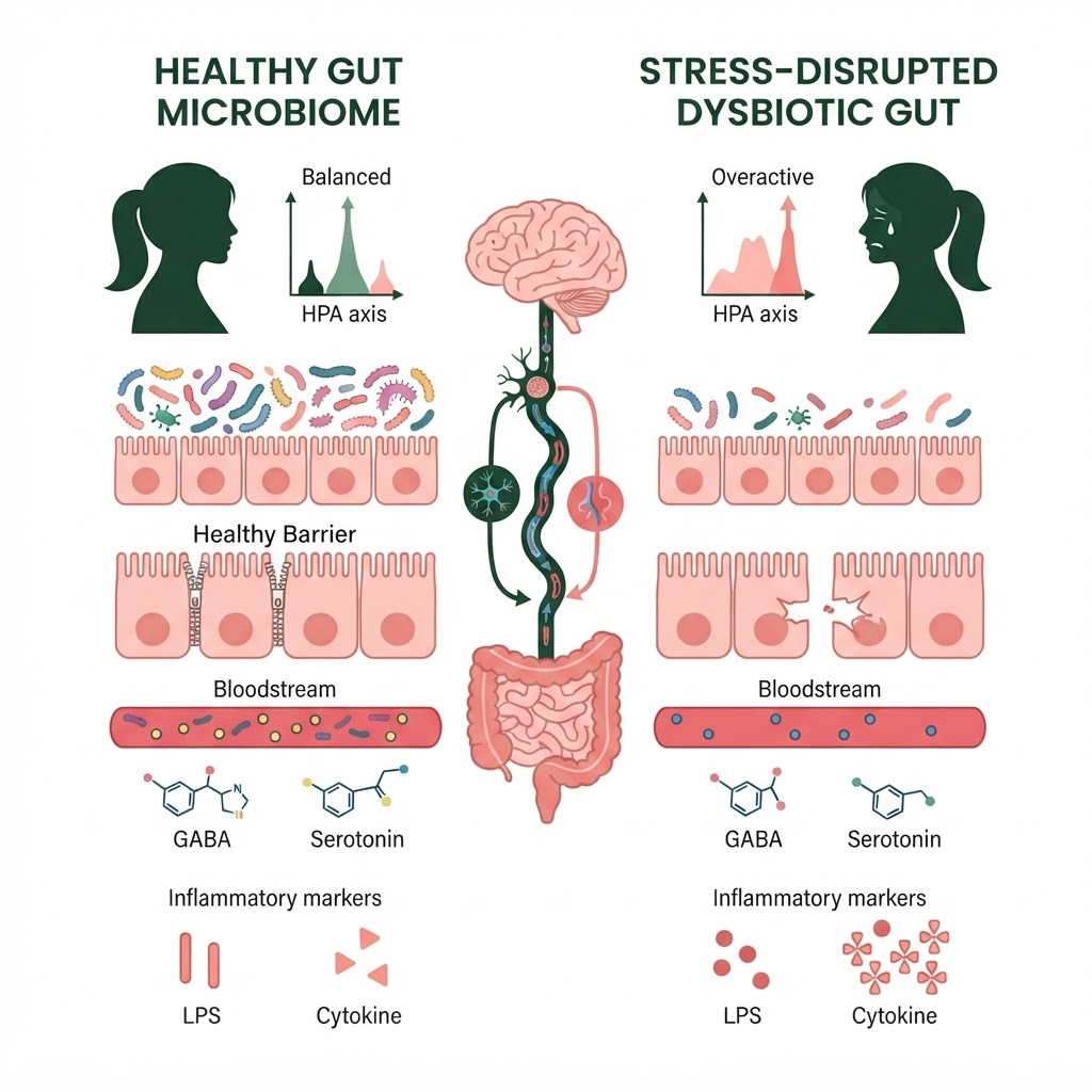 Infographic: A side-by-side diagram showing a healthy gut microbiome vs. a stress-disrupted dysbiotic gut — illustrating changes in bacterial diversity, GABA and serotonin production, tight junction integrity, cortisol feedback, and inflammatory markers (LPS, cytokines). Include the gut-brain axis as a central connecting element.
