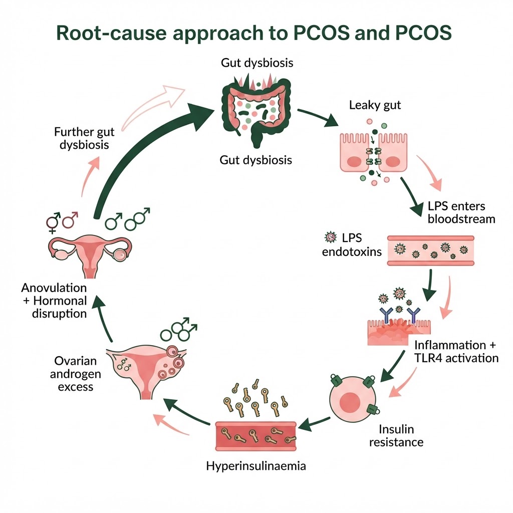 Infographic: A circular diagram showing the PCOS-gut dysbiosis feedback loop: Gut dysbiosis → Leaky gut → LPS enters bloodstream → Inflammation + TLR4 activation → Insulin resistance → Hyperinsulinaemia → Ovarian androgen excess → Anovulation + Hormonal disruption → Further gut dysbiosis. Include icons for each step and use brand colour palette.