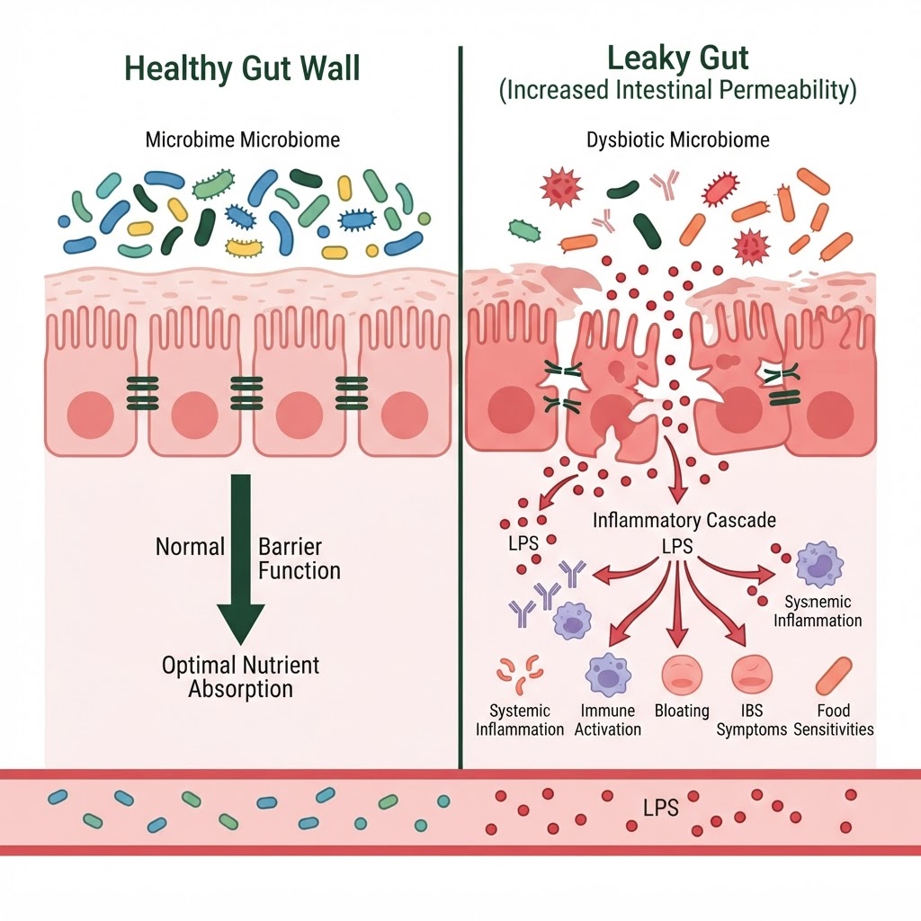 Infographic: A side-by-side cross-section diagram showing a healthy gut wall with intact tight junctions and a balanced microbiome on the left, versus a leaky gut with degraded tight junctions, LPS molecules crossing into the bloodstream, and a dysbiotic microbiome on the right — with callouts labelling tight junction proteins, colonocytes, the mucus layer, beneficial versus harmful bacteria, and arrows showing the inflammatory cascade triggered by increased gut permeability.