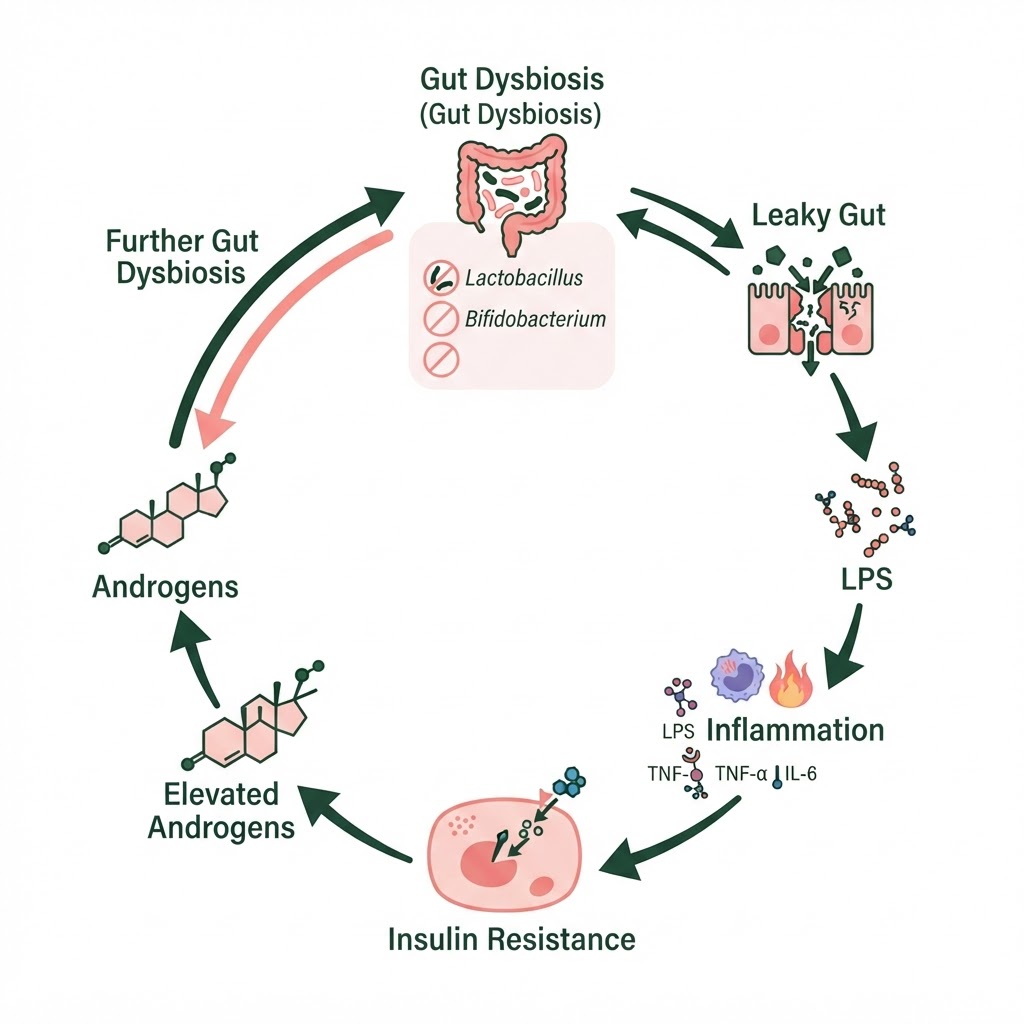 Infographic: A circular diagram showing the PCOS-Gut Dysbiosis feedback loop: Gut Dysbiosis → Leaky Gut → LPS → Inflammation → Insulin Resistance → Elevated Androgens → Further Gut Dysbiosis. Include arrows showing bidirectionality, with key bacterial genera named at the dysbiosis stage (Lactobacillus, Bifidobacterium depletion) and key inflammatory markers at the inflammation stage (LPS, TNF-α, IL-6).