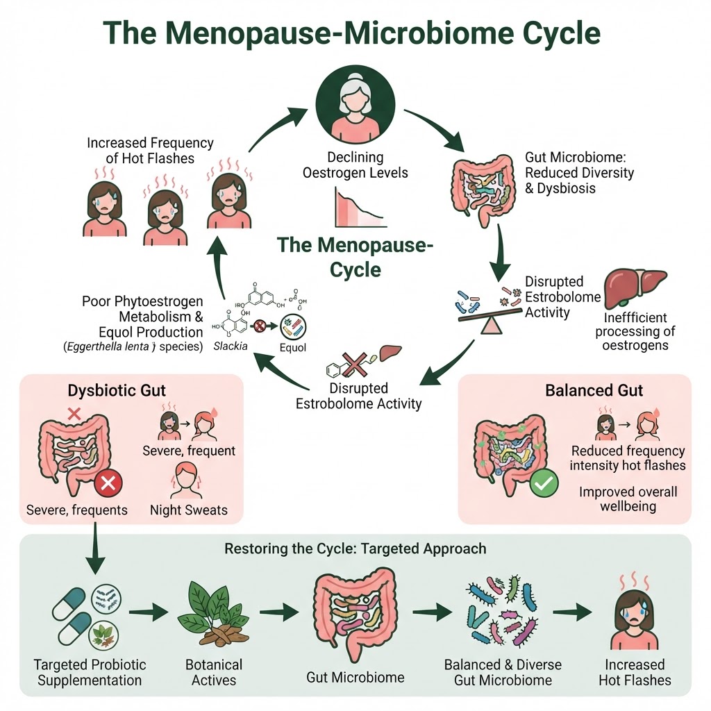 Infographic: A visual diagram showing the "Menopause-Microbiome Cycle" — illustrating how declining oestrogen affects gut bacteria diversity, how a disrupted estrobolome leads to poor phytoestrogen metabolism and increased hot flash frequency, and how targeted probiotic supplementation + botanical actives can restore this cycle. Include the estrobolome concept, equol production pathway, and a comparison of "dysbiotic gut" vs "balanced gut" outcomes for vasomotor symptoms.