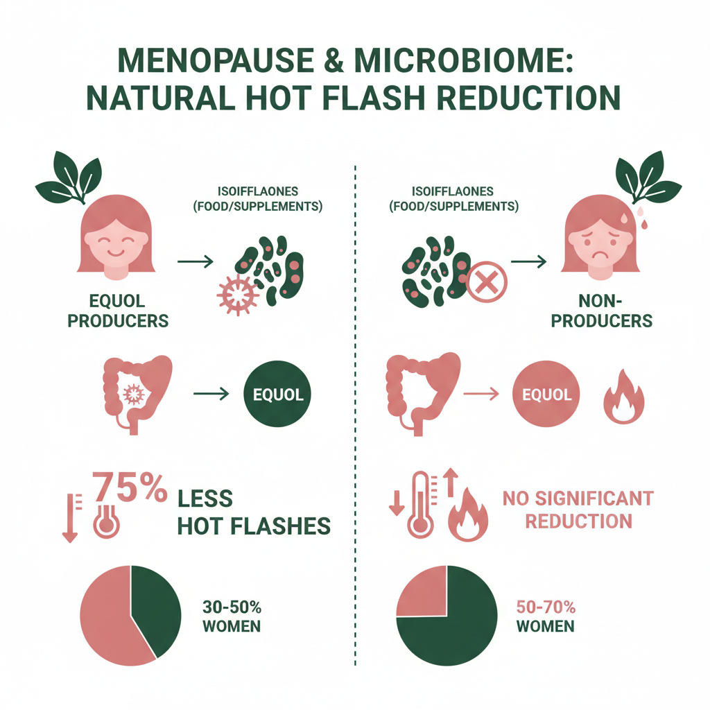 Infographic: A side-by-side comparison showing the phytoestrogen conversion pathway in gut bacteria — illustrating how isoflavones from food/supplements are converted to equol by specific bacterial strains, and why only women with the right gut bacteria become equol producers; include statistics on equol producers vs. non-producers and the corresponding hot flash reduction rates