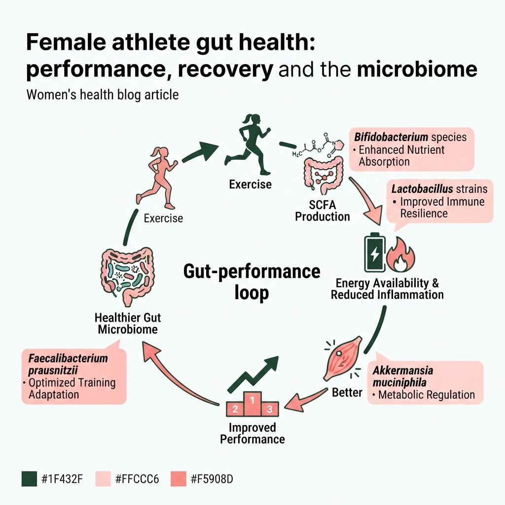 Infographic: A visual diagram showing the gut-performance loop: Exercise → SCFA Production → Energy Availability & Reduced Inflammation → Better Recovery → Improved Performance → Healthier Gut Microbiome, with icons for each stage and callout boxes naming key bacterial strains and their specific performance benefits
