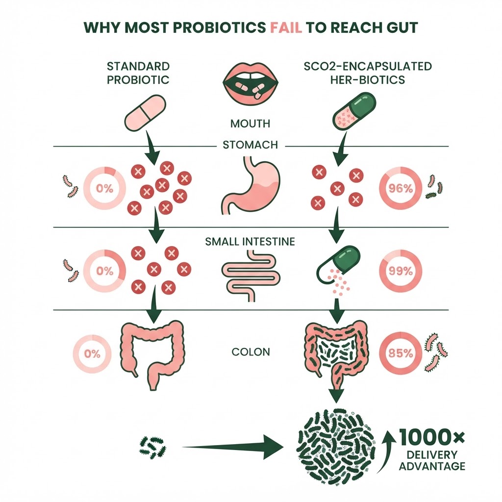 Infographic: Side-by-side journey comparison of a standard probiotic capsule vs. an SCO2-encapsulated Her-Biotics probiotic through the gastrointestinal tract — showing bacterial die-off at each stage (mouth, stomach, small intestine, colon) with percentage survival rates for each method, culminating in the 1000× delivery advantage