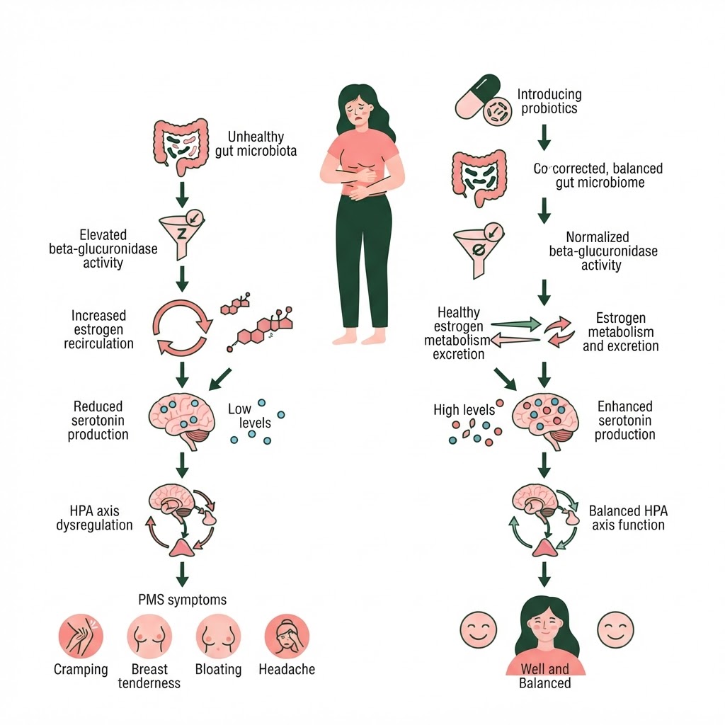 Infographic: A visual diagram showing the gut-brain axis in the context of PMS — illustrating the pathway from gut microbiome dysbiosis through elevated beta-glucuronidase activity, estrogen recirculation, reduced serotonin production, and HPA axis dysregulation, leading to PMS symptoms; alongside the corrective pathway showing how probiotics restore each step of this process