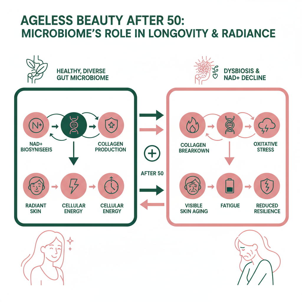 Infographic: A dual-pathway diagram showing (left) how a healthy, diverse gut microbiome supports NAD+ biosynthesis, collagen production, and antioxidant defence — leading to radiant skin, cellular energy, and longevity markers; and (right) how dysbiosis and NAD+ decline accelerate inflammaging, collagen breakdown, and oxidative stress, resulting in visible skin aging, fatigue, and reduced resilience after 50.