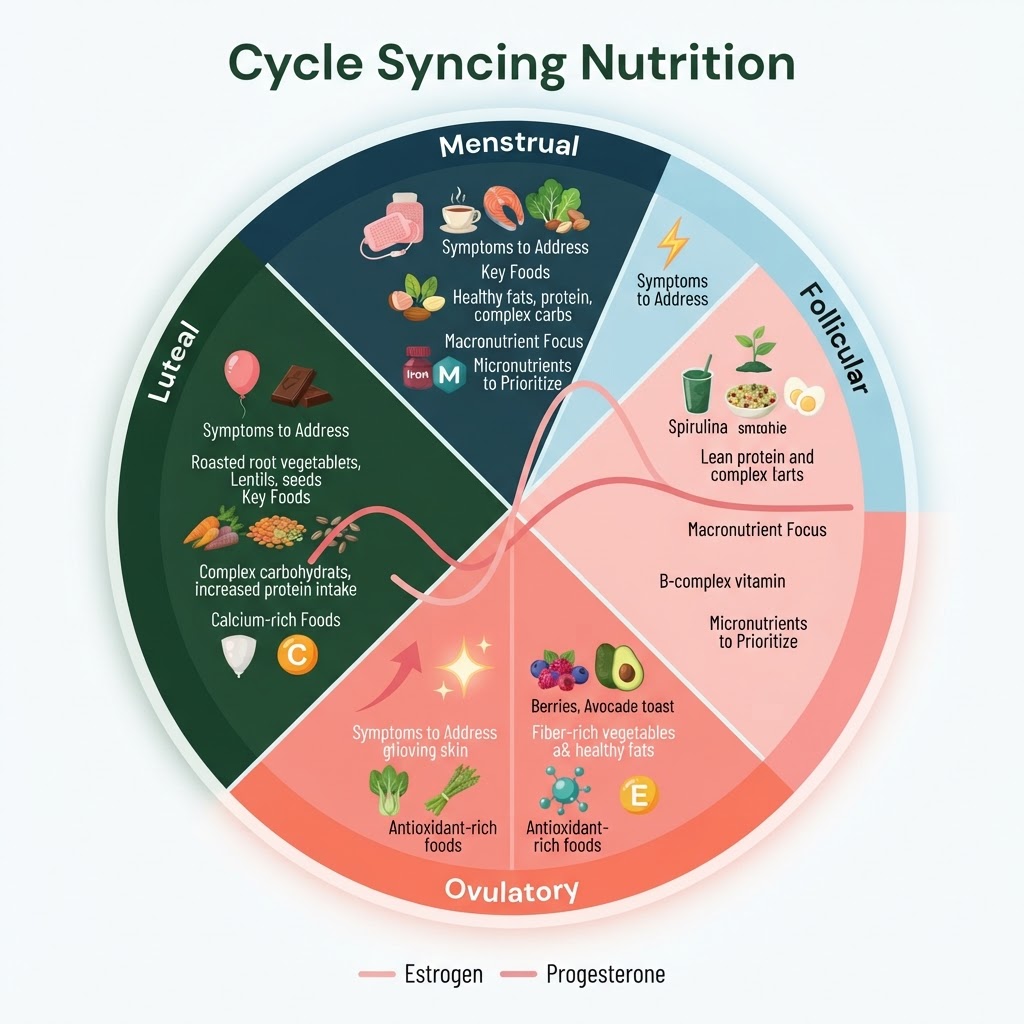 Infographic: A circular diagram divided into four coloured segments representing each menstrual phase (Menstrual, Follicular, Ovulatory, Luteal), with icons showing key foods, macronutrient focus, micronutrients to prioritise, and common symptoms to address per phase — overlaid with a hormone curve showing estrogen and progesterone fluctuations throughout the cycle
