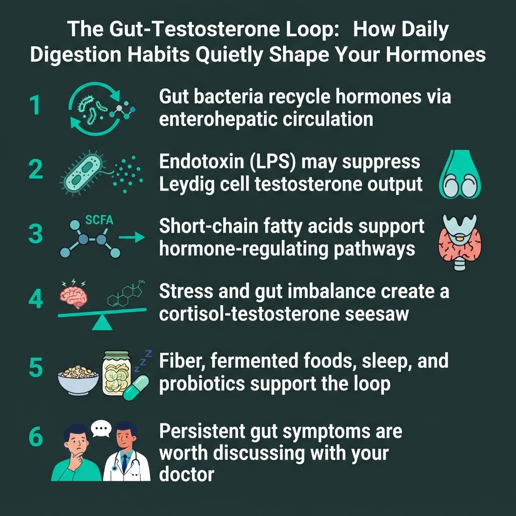The gut-testosterone loop: how bacteria, inflammation, and stress interact to shape men's hormone health.