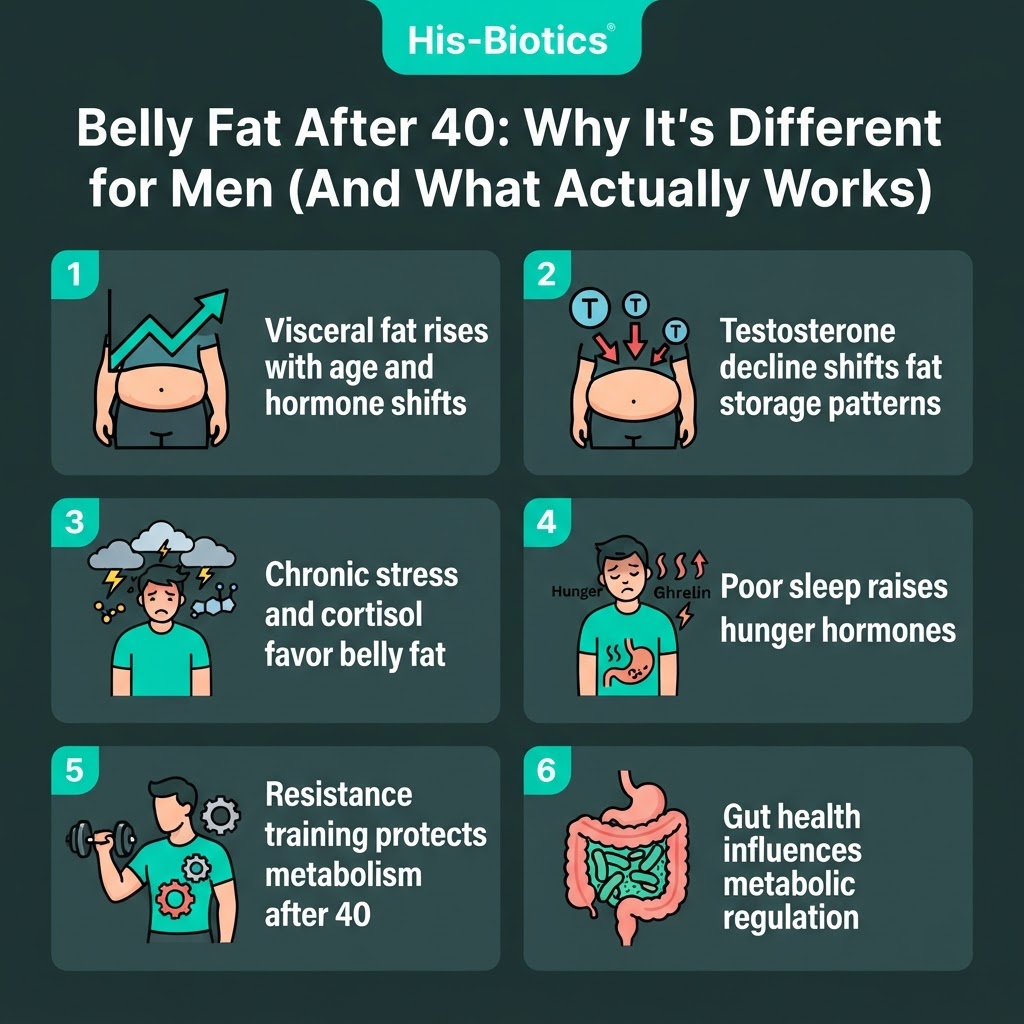 How testosterone, cortisol, sleep, and gut health combine to make belly fat more stubborn after 40 — and where to intervene first.