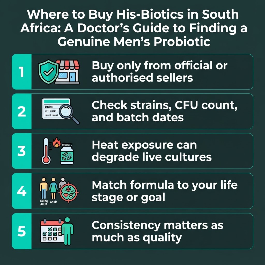 A quick checklist for South African men to verify they're buying a genuine, effective His-Biotics probiotic formula.