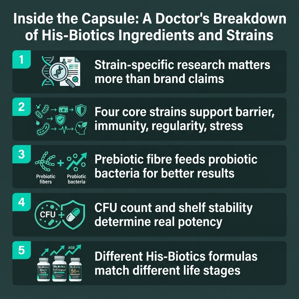 A visual breakdown of the core probiotic strains, prebiotics, and nutrients inside His-Biotics formulas.
