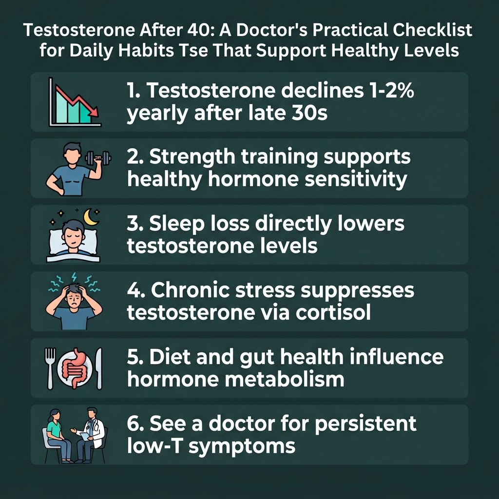 Five daily habits — strength training, sleep, stress management, nutrition, and gut health — that support healthy testosterone levels after 40.