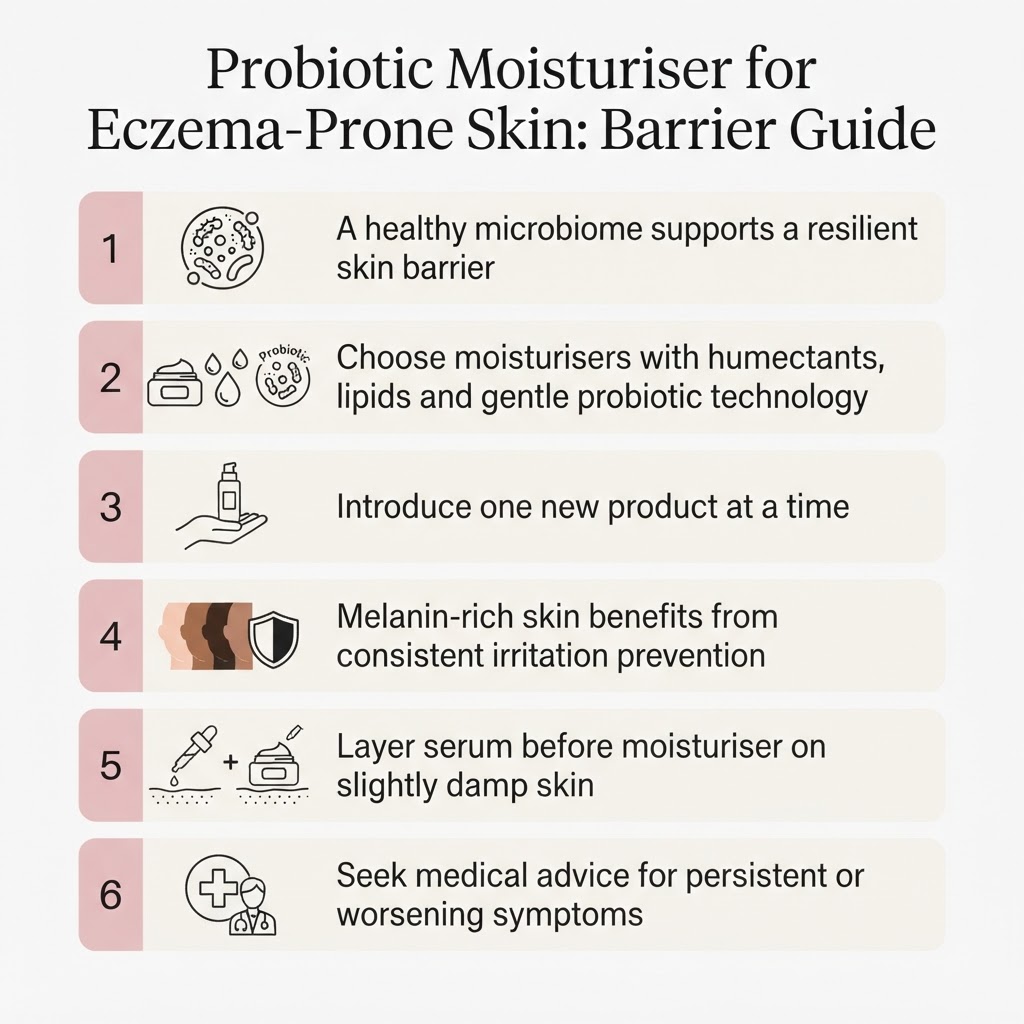 Infographic: key takeaways from Probiotic Moisturiser for Eczema-Prone Skin: Barrier Guide