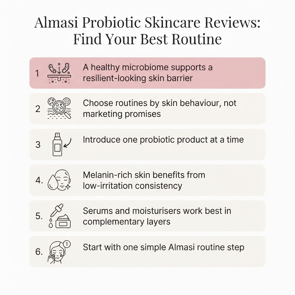 Infographic: key takeaways from Almasi Probiotic Skincare Reviews: Find Your Best Routine