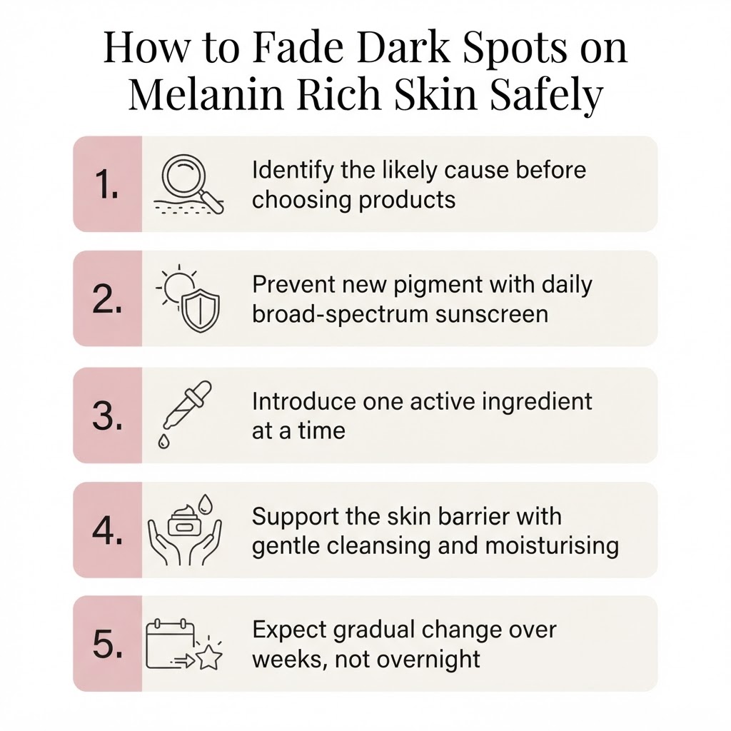 Infographic: key takeaways from How to Fade Dark Spots on Melanin Rich Skin Safely