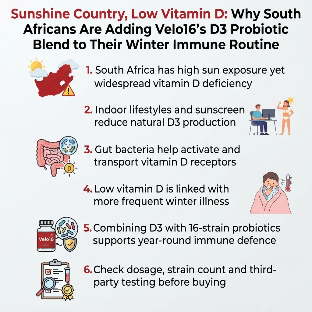 Infographic: Sunshine Country, Low Vitamin D: Why South Africans Are Adding Velo16's D3 Probiotic Blend to Their Winter Immune Routine
