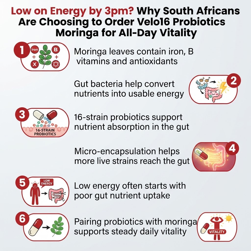 Infographic: Low on Energy by 3pm? Why South Africans Are Choosing to Order Velo16 Probiotics With Moringa for All-Day Vitality
