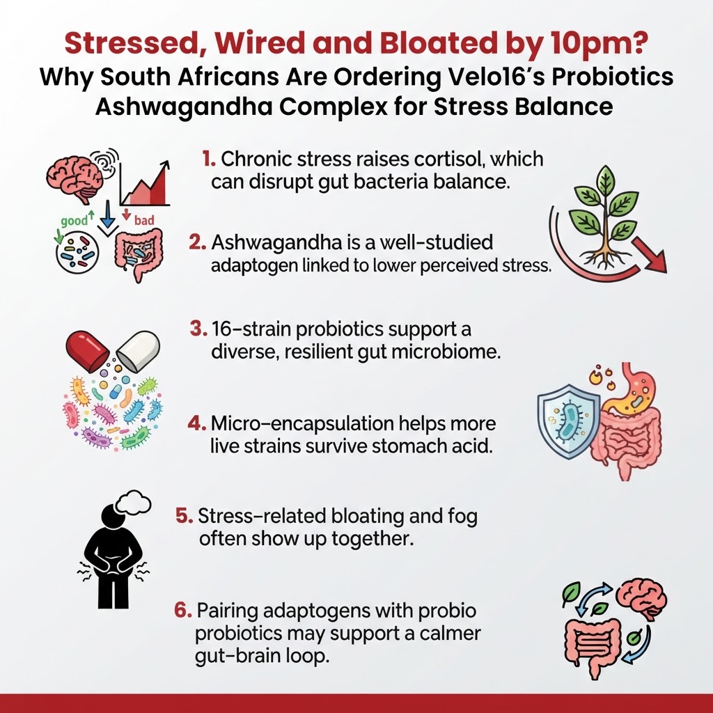 Infographic: Stressed, Wired and Bloated by 10pm? Why South Africans Are Ordering Velo16's Probiotics Ashwagandha Complex for Stress Balance