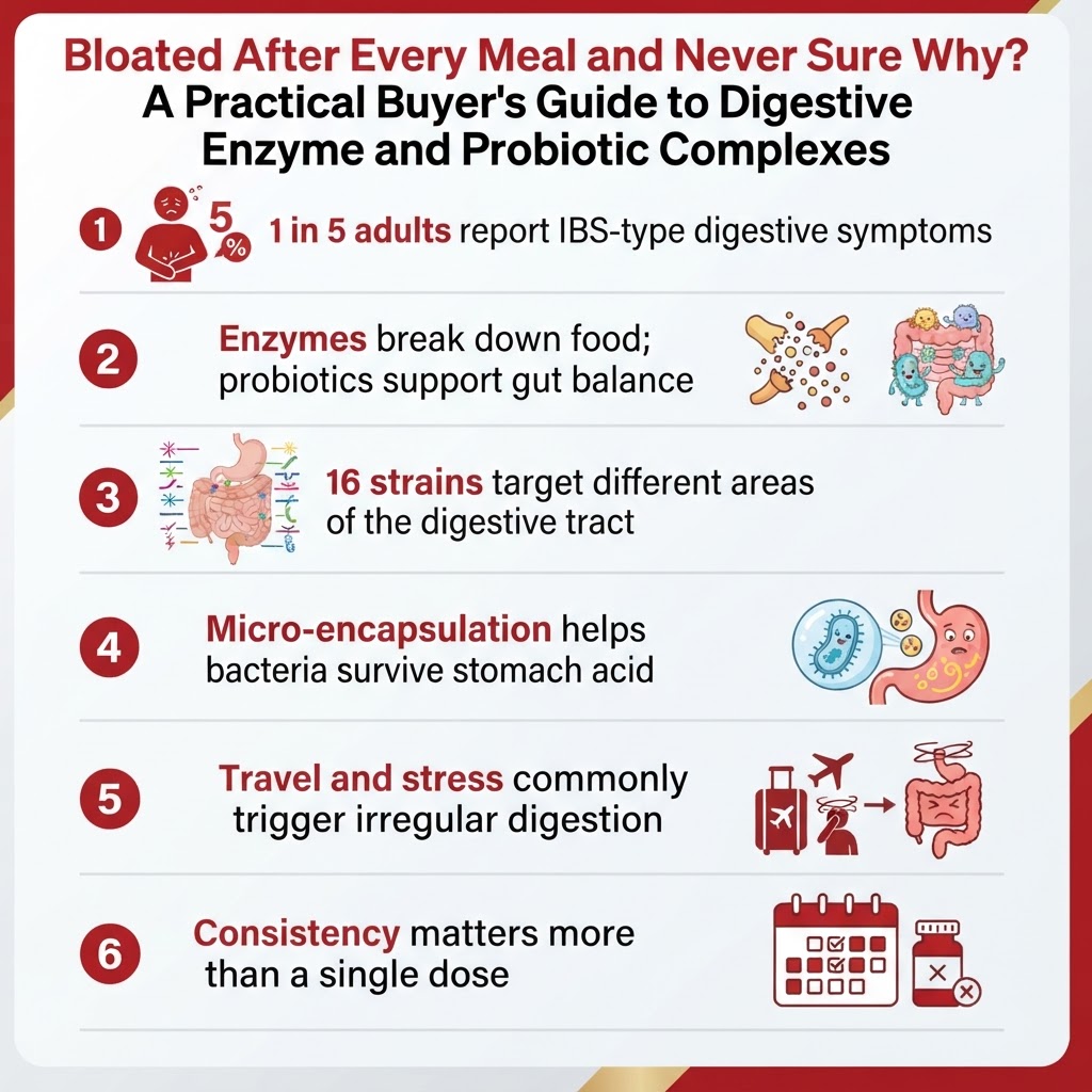 Infographic: Bloated After Every Meal and Never Sure Why? A Practical Buyer's Guide to Digestive Enzyme and Probiotic Complexes
