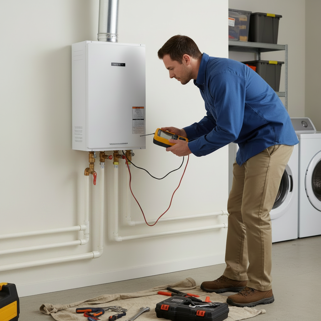 Technician actively servicing a wall-mounted tankless water heater with visible piping in McKinney Texas